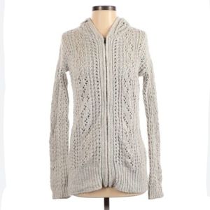 ❄️ Bethany Mota Light Gray Crochet Knit Hooded Long Sleeve Hoodie Sweater